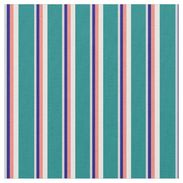 Light Gray, Blue, Salmon, White, and Teal Pattern Fabric (Close Up)