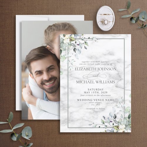 Light Gray Botanical Greenery Marble Photo Wedding Invitation