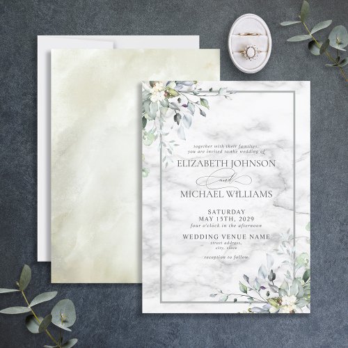 Light Gray Botanical Greenery Marble Wedding Invitation