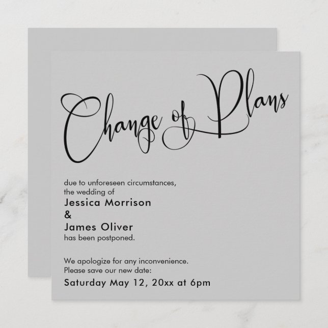 Light Gray Change of Plans Postponed Wedding Card (Front/Back)