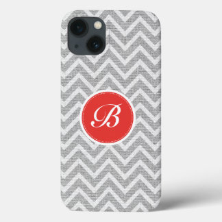 Light Gray Chevron Pattern Linen Texture Monogram iPhone 13 Case