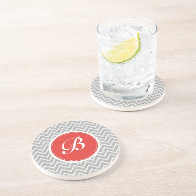 Light Gray Chevron Pattern Linen Texture Monogram Drink Coaster (Side)