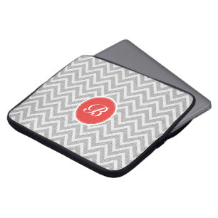 Light Gray Chevron Pattern Linen Texture Monogram Laptop Sleeve