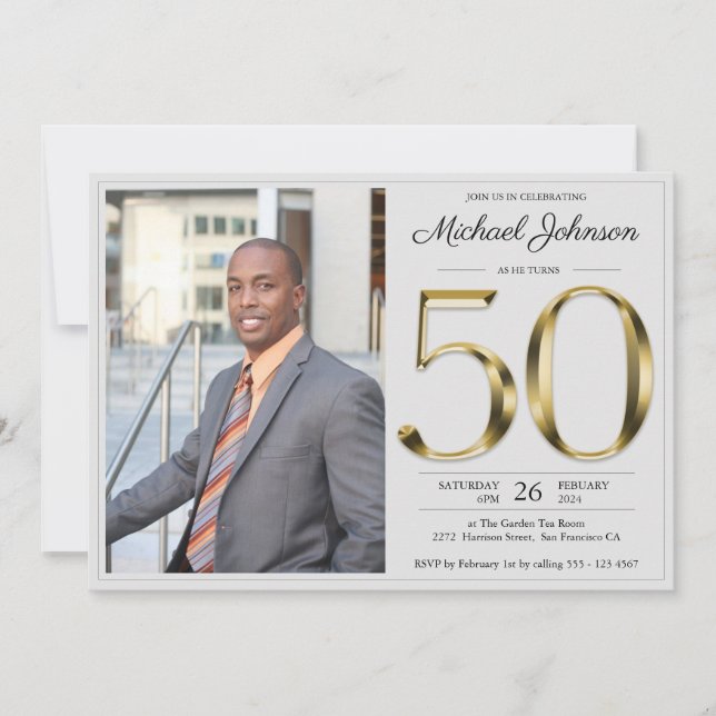 Light Gray Custom Photo Solid Gold 50th Birthday Invitation (Front)