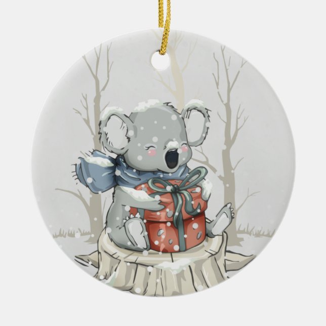 Light Gray Cute Koala Snowfall Ceramic Ornament (Front)