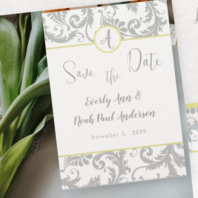 Light Gray Damask Bight Yellow Wedding Invitation (Creator Uploaded)