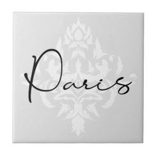 Light Gray Damask Elegant Black Paris Text Ceramic Tile