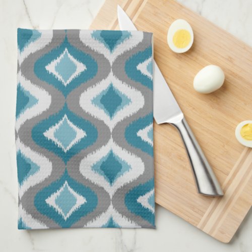 Light Gray Dark Teal Blue Green Ikat Ogee Pattern Kitchen Towel