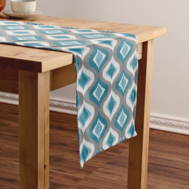 Light Gray Dark Teal Blue Green Ikat Ogee Pattern Short Table Runner (In Situ)