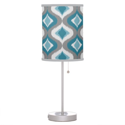 Light Gray Dark Teal Blue Green Ikat Ogee Pattern Table Lamp