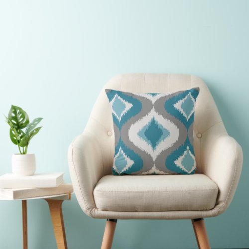 Light Gray Dark Teal Blue Green Ikat Ogee Pattern Throw Pillow