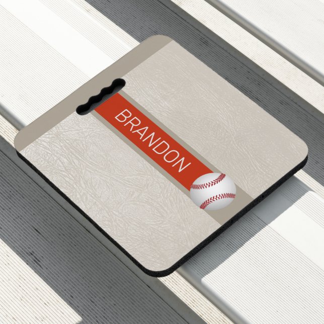 Light gray faux leather with baseball & monogram seat cushion (In Situ)