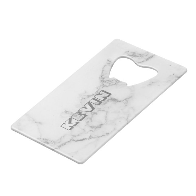 Light-gray faux marble credit card bottle opener (Back Angled)