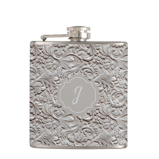Light Gray Faux Tooled Leather Vinyl  Flask (Front)