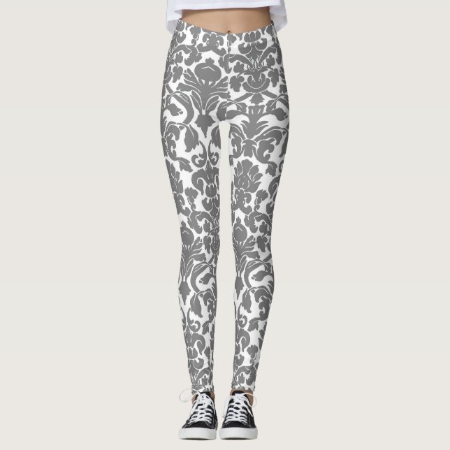 Light Gray Floral Ornate Damask Pattern Leggings (Front)