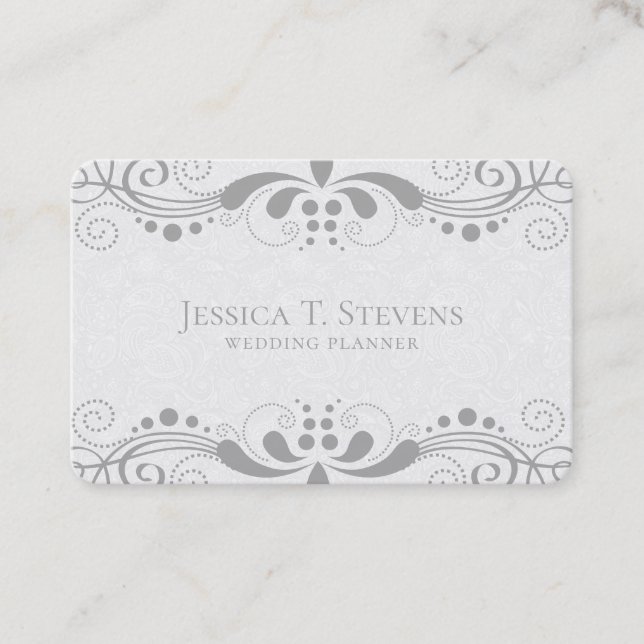 Light-gray floral swirly lace business card (Front)