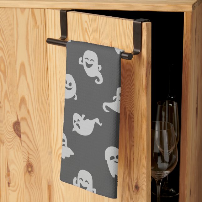 Light Gray Ghosts Dark Gray Halloween Kitchen Towel (Thirds Fold)