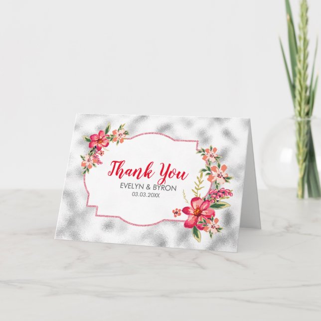 Light Gray Glass And Pink Flowers Thank You Card (Front)