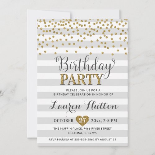 Light Gray Gold Glitter Ladies Chic Birthday Party Invitation