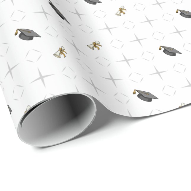 Light Gray Graduation Caps and Diploma Pattern Wrapping Paper (Roll Corner)