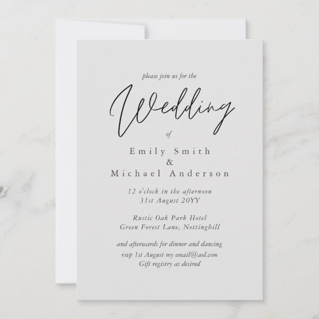 Light Gray Gray Script Typography Budget Wedding Invitation (Front)