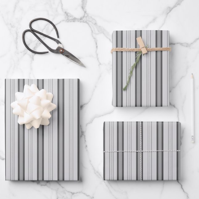 Light Gray & Gray Thick and Thin Stripes Wrapping Paper Sheets (Front)