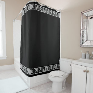 Light Gray Greek Pattern on Black Shower Curtain