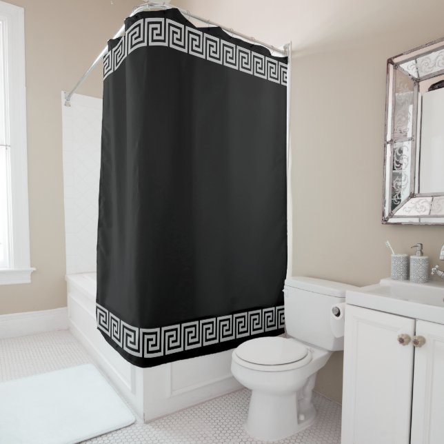 Light Gray Greek Pattern on Black Shower Curtain (In Situ)