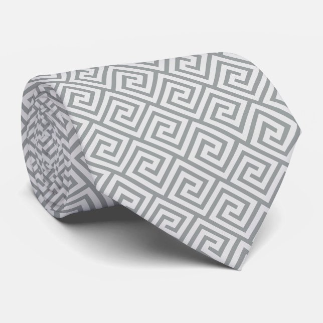 Light Gray Greek Pattern on Light Steel Gray Neck Tie (Rolled)