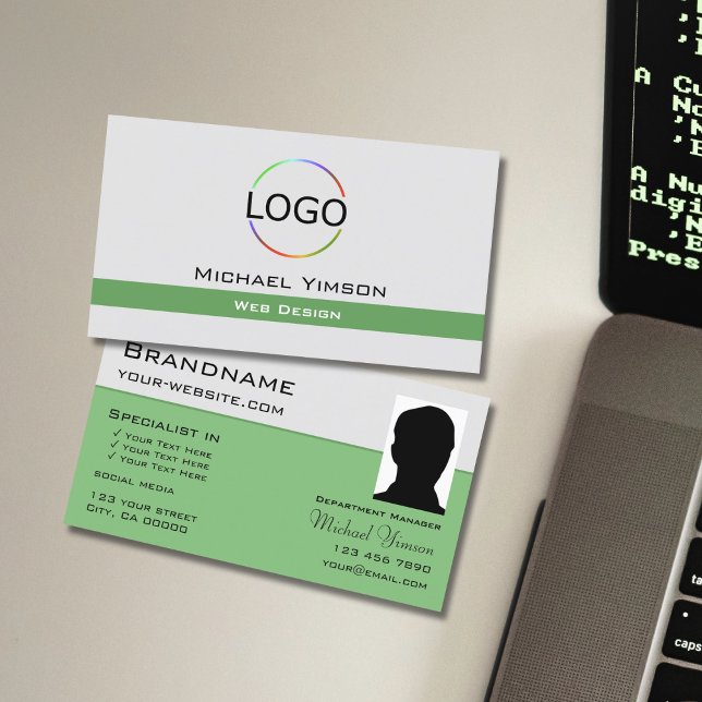 Light Gray Green with Logo and Photo Professional Business Card (Creator Uploaded)
