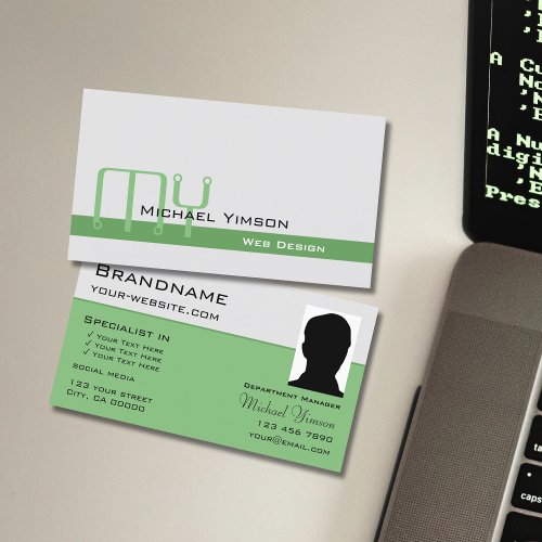 Light Gray Green with Monogram and Photo Classic Business Card