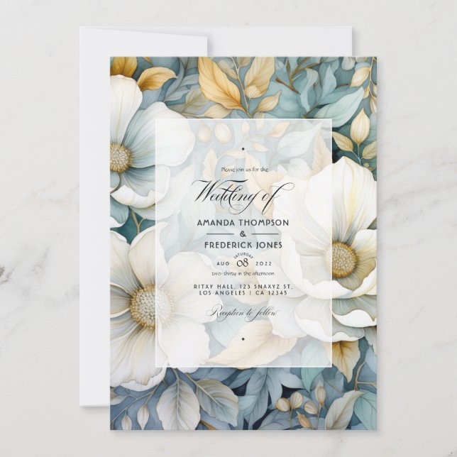 Light Gray, Greenery and Faux Foil Gold Wedding Invitation (Front)