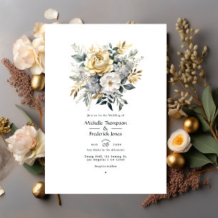 Light Gray, Greenery and Faux Foil Gold Wedding Invitation