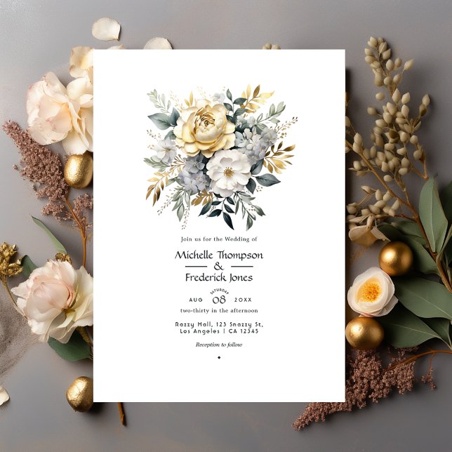 Light Gray, Greenery and Faux Foil Gold Wedding Invitation (Creator Uploaded)