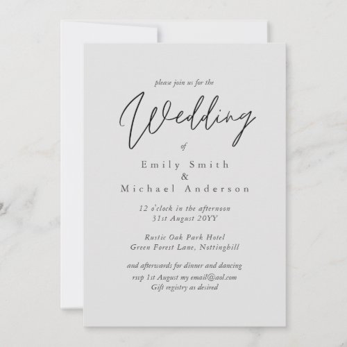 Light Gray Grey Script Typography Budget Wedding Invitation