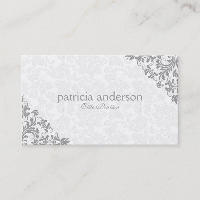 Light Gray Lace Plush White Damasks Business Card (Front)