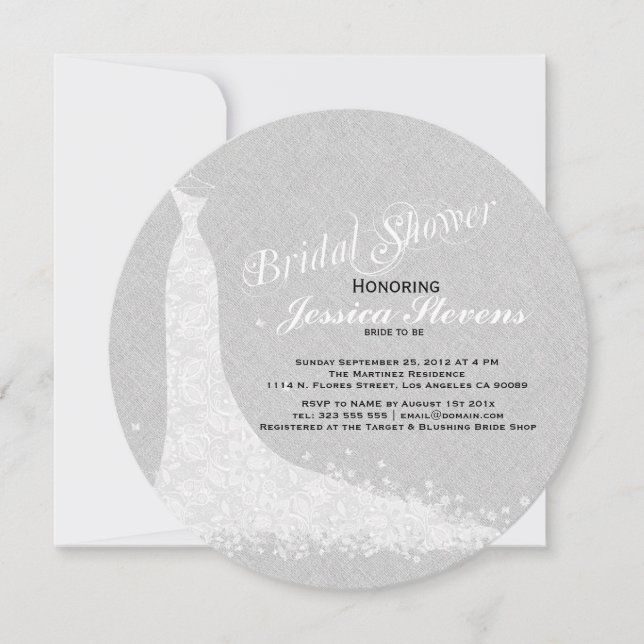 Light Gray Linen And White Lace Wedding Dress Invitation (Front)