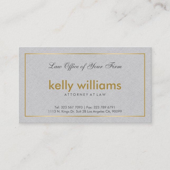 Light Gray Linen Attorney At Law Gold Accent Business Card (Front)