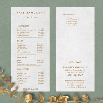 Light Gray Linen Salon Spa Price List Service Menu by sm_business_cards at Zazzle