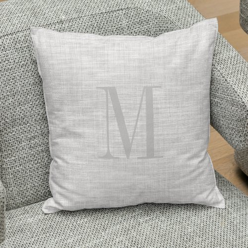 Light gray linen texture monogram throw pillow