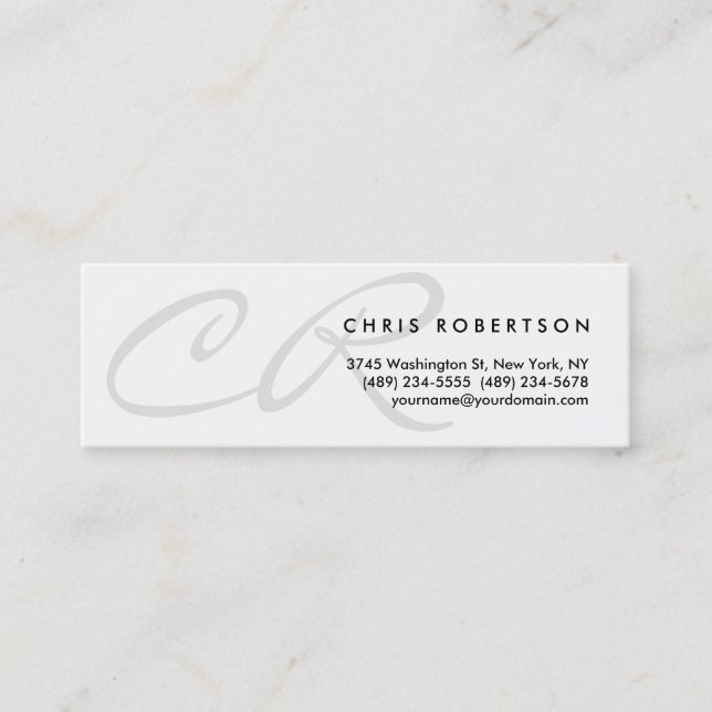 Light Gray Monogram Slim Skinny Mini Business Card (Front)
