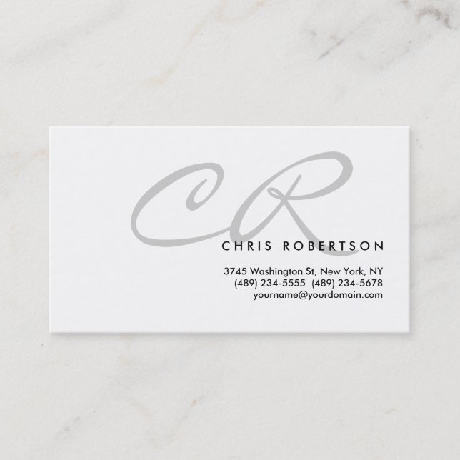 Light Gray Monogram White Standard Business Card (Front)