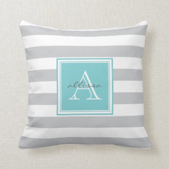 Light Gray Monogrammed Awning Stripe Throw Pillow by Letsrendevoo at Zazzle