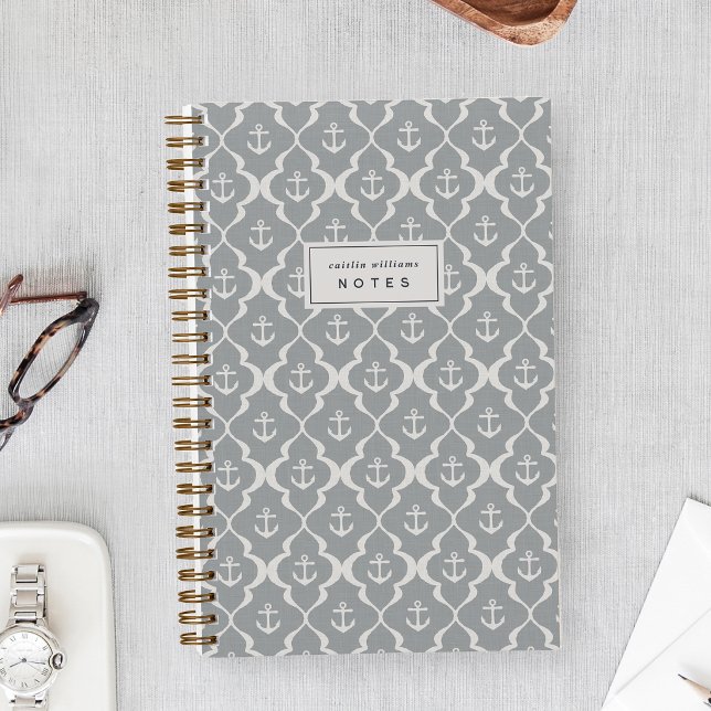 Light Gray Nautical Anchor Ogee Personalized Notebook (Creator Uploaded)