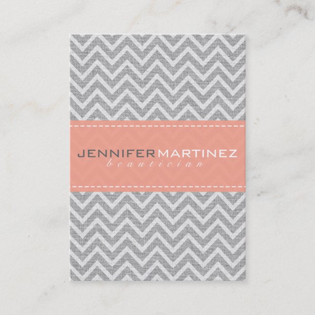 Light Gray & Orange Chevron Pattern Linen Look Business Card (Front)