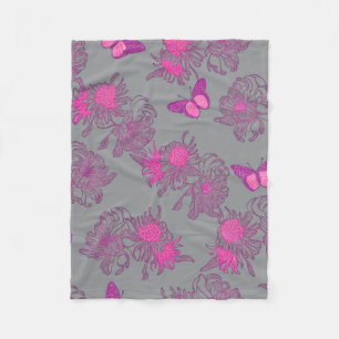 Light Gray Pink Butterfly Floral Fleece Blanket