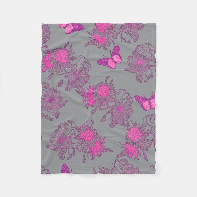 Light Gray Pink Butterfly Floral Fleece Blanket (Front)