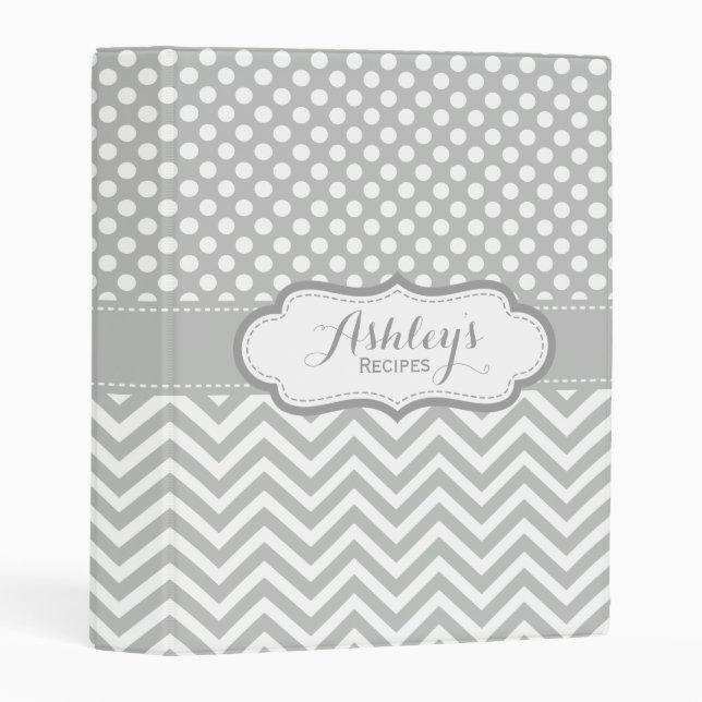 Light Gray Polka Dots Chevron Pattern Recipe Mini Binder (Front/Spine)