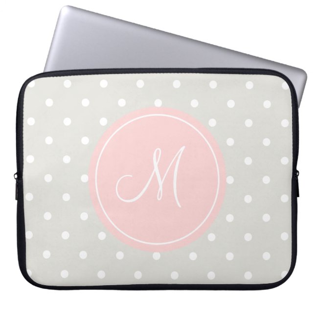 Light Gray Polka Dots Pink Custom Monogram Laptop Sleeve (Front)