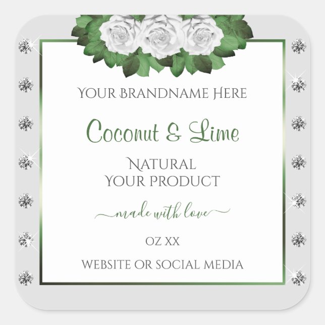 Light Gray Product Labels Green White Roses Jewels (Front)